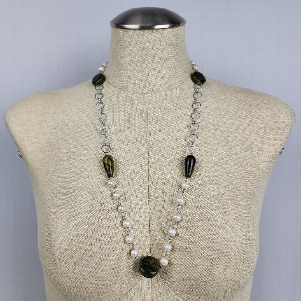 Natural stone faux pearl silver chain necklace